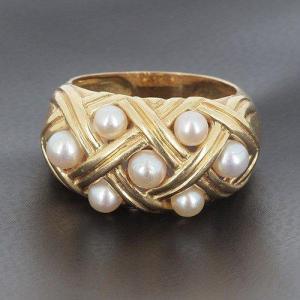 Half Ring In 750 ‰ Yellow Gold, Decorated With Fishnet, Adorned With Cultured Pearls - B10317