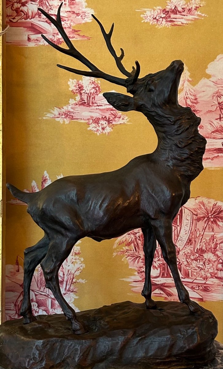 Large Bronze Deer With Ten Horns And Brown Patina Signed T. Cartier-photo-2