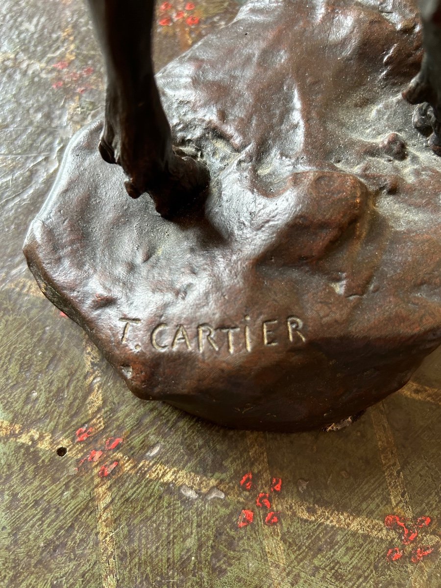 Large Bronze Deer With Ten Horns And Brown Patina Signed T. Cartier-photo-1