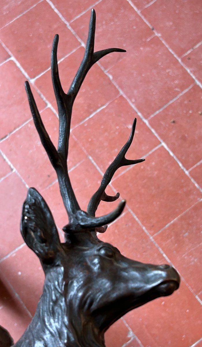 Large Bronze Deer With Ten Horns And Brown Patina Signed T. Cartier-photo-3