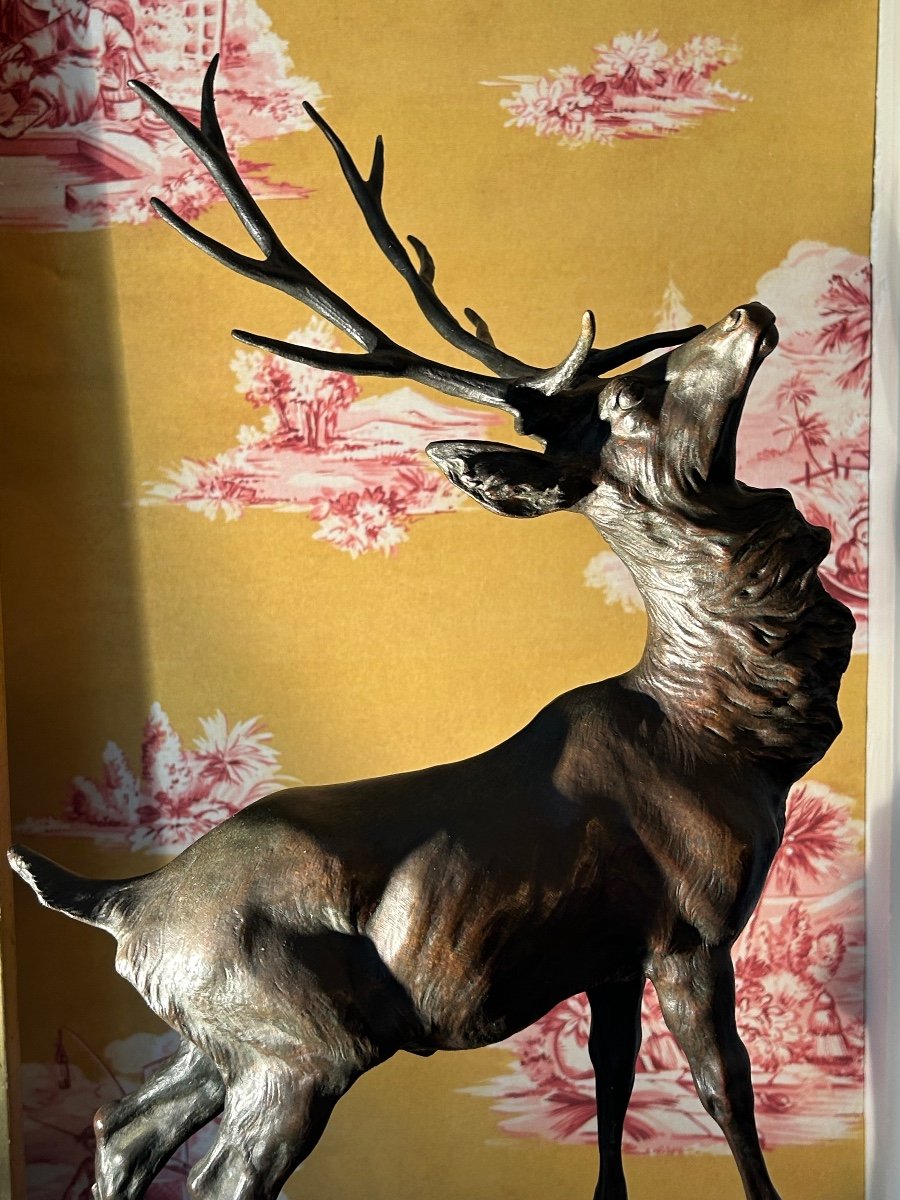 Large Bronze Deer With Ten Horns And Brown Patina Signed T. Cartier