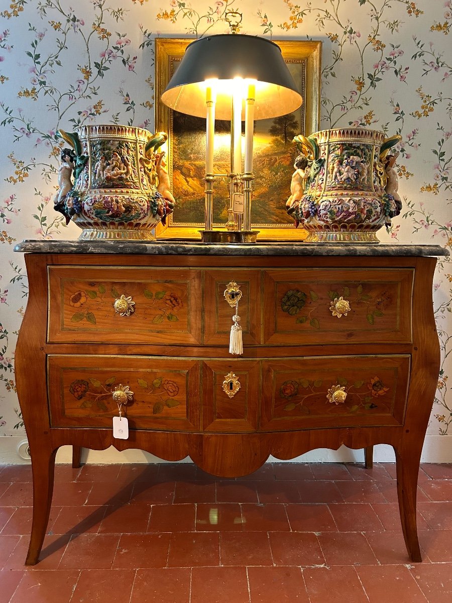 Provincial Cherrywood Chest Of Drawers With Flower Marquetry From The 18th Century.