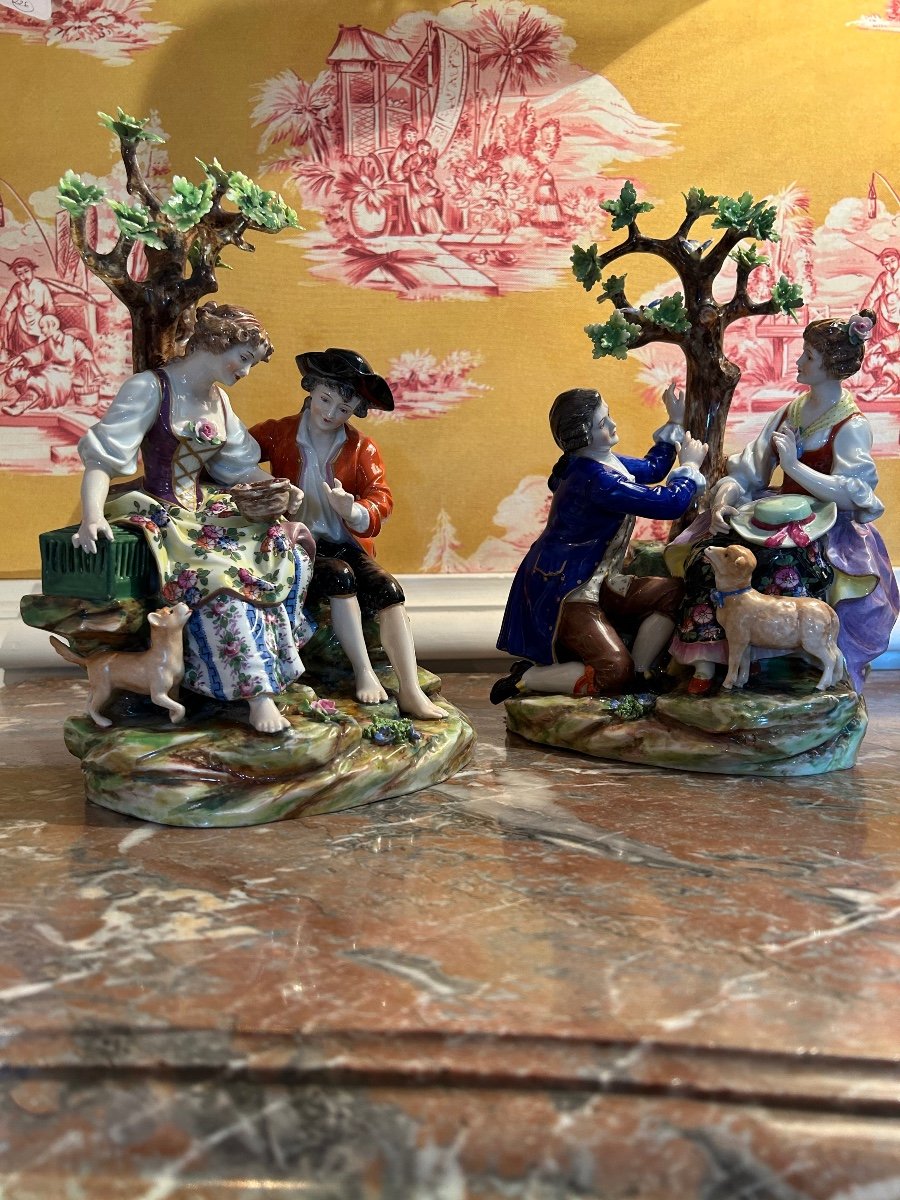 Ensemble De 2 Grands Groupes En Porcelaine Polychrome, Allemagne XIX2 Siècle 