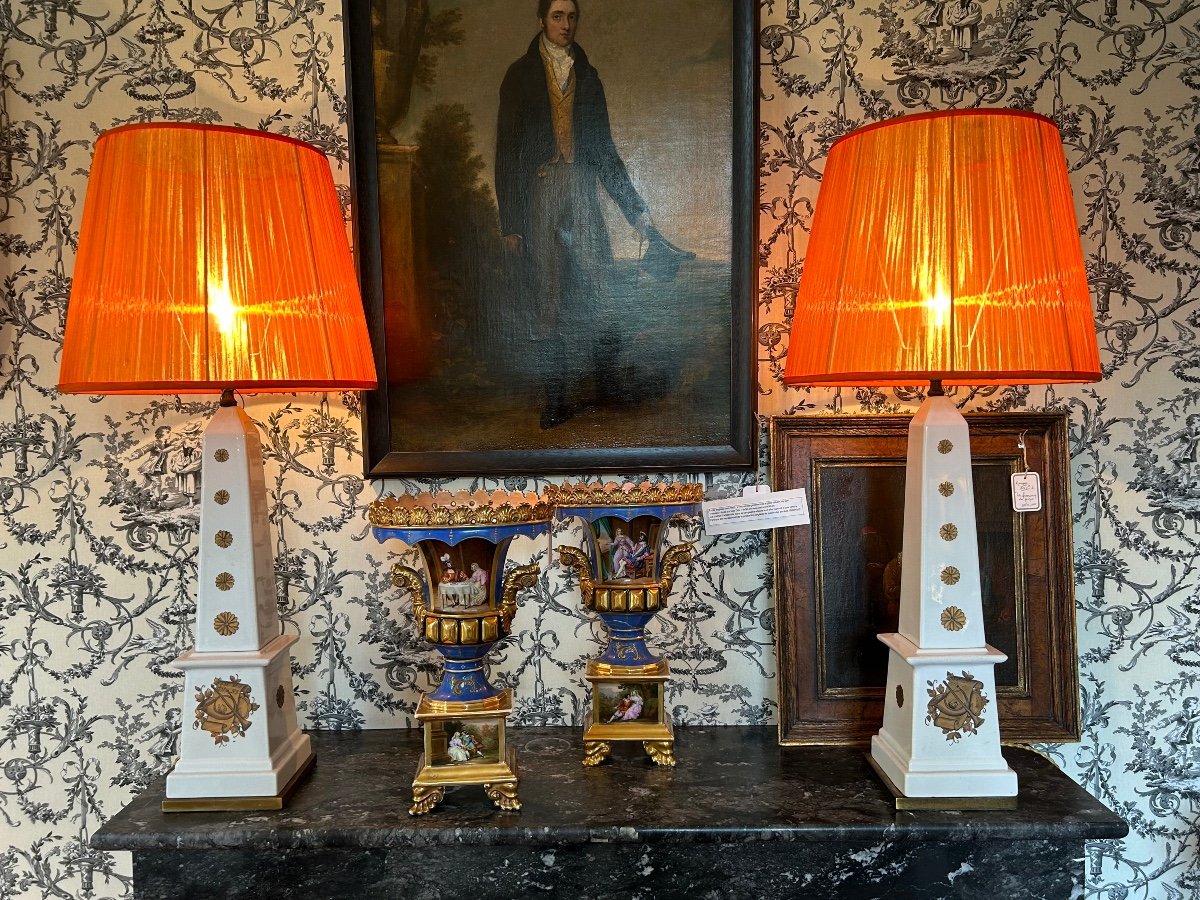 Pair Of Pyramidal Porcelain Lamps, In The Style Of Fornasetti, Circa 1940.