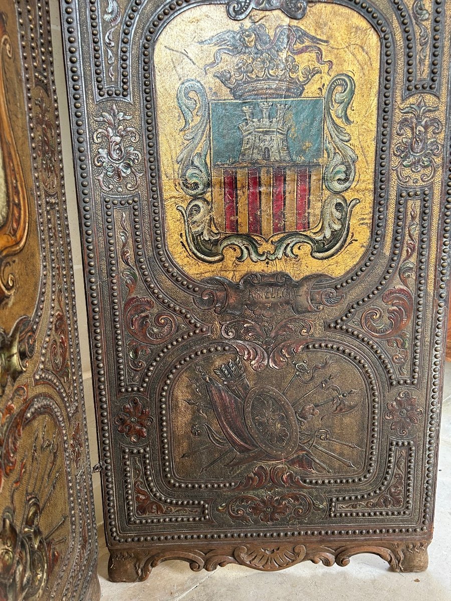 Large Solid Wood Screen With Coats Of Arms Of The Great Cities Of Spain, 19th Century.-photo-5