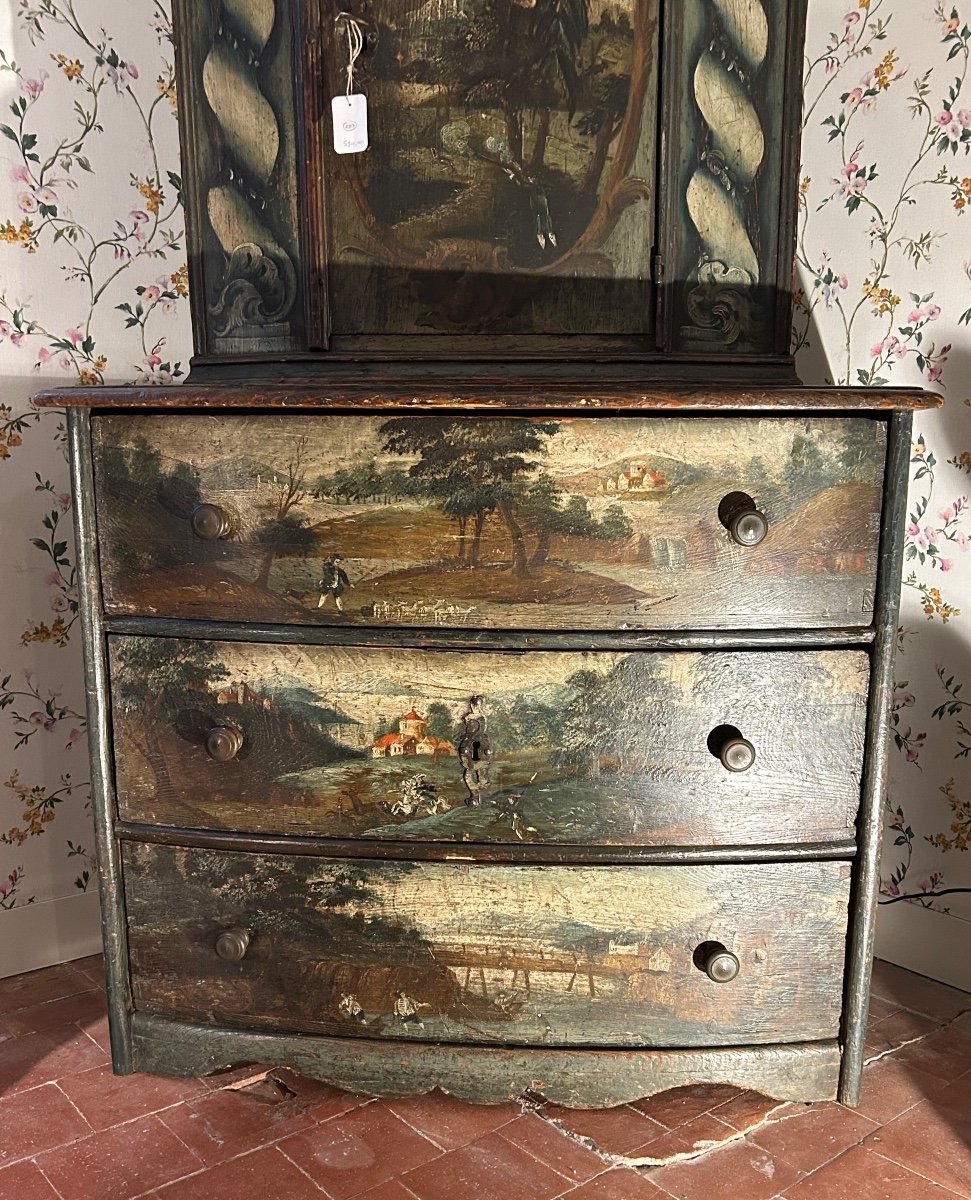 Rare Meuble En Bois Peint, Cabinet Suisse à Deux Corps D’époque XVIIIe -photo-2