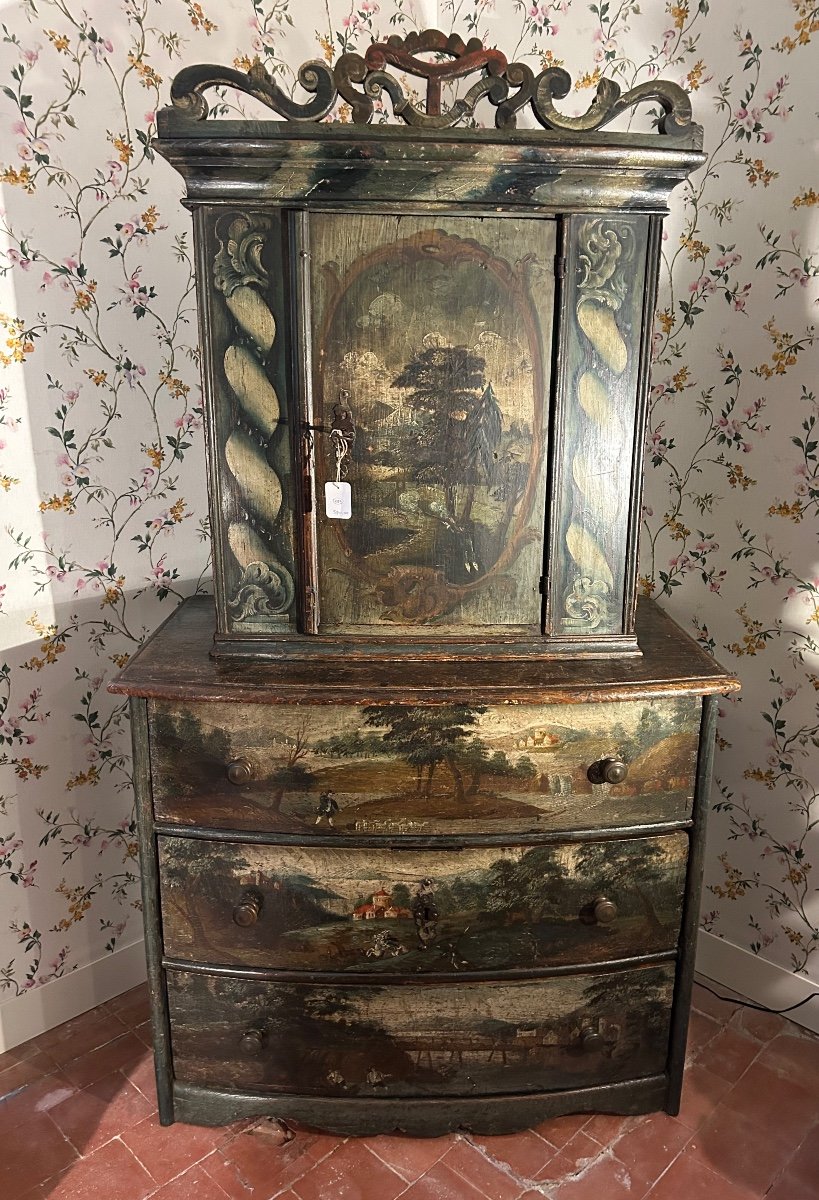 Rare Meuble En Bois Peint, Cabinet Suisse à Deux Corps D’époque XVIIIe 