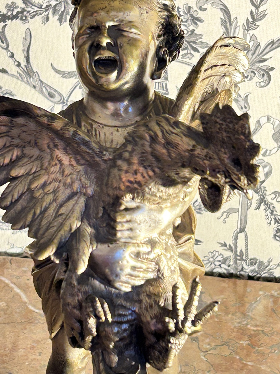 The Child With The Rooster, Silvered Bronze Signed Adriano Cecioni-photo-2