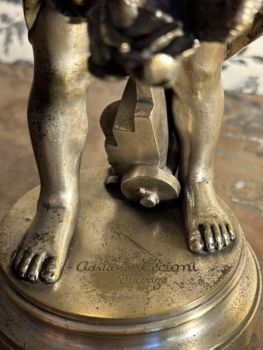 L’enfant Au Coq, Bronze Argenté Signé Adriano Cecioni-photo-4