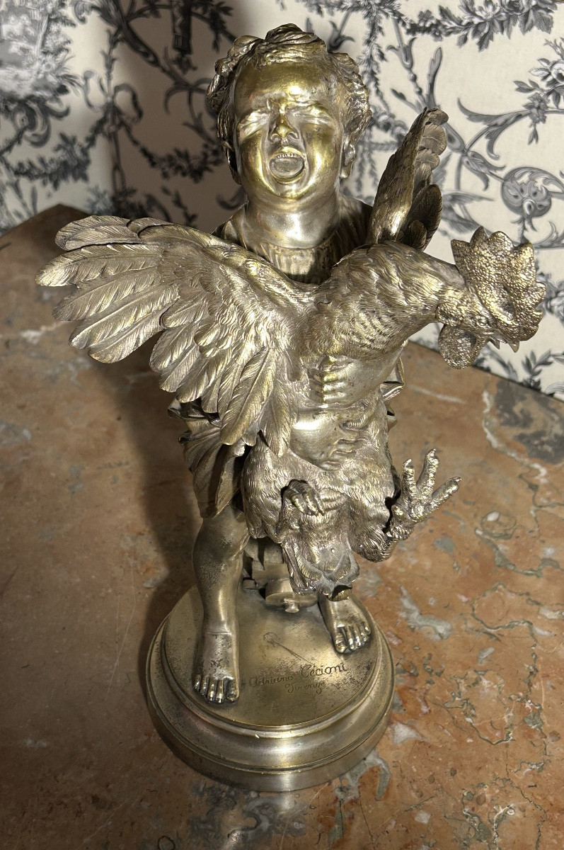 The Child With The Rooster, Silvered Bronze Signed Adriano Cecioni