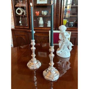 Pair Of Louis XV Period Candlesticks In Silver Metal