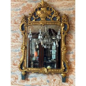 Miroir D’époque Louis XV En Bois Sculpté Doré Et Peint De Bleu 