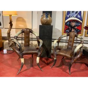 Pair Of Horn And Leather Armchairs