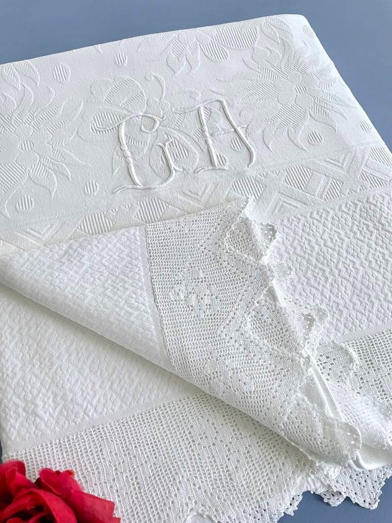 Old Wedding Blanket - Ga Initials - English Cotton Pique - Circa 1930-40