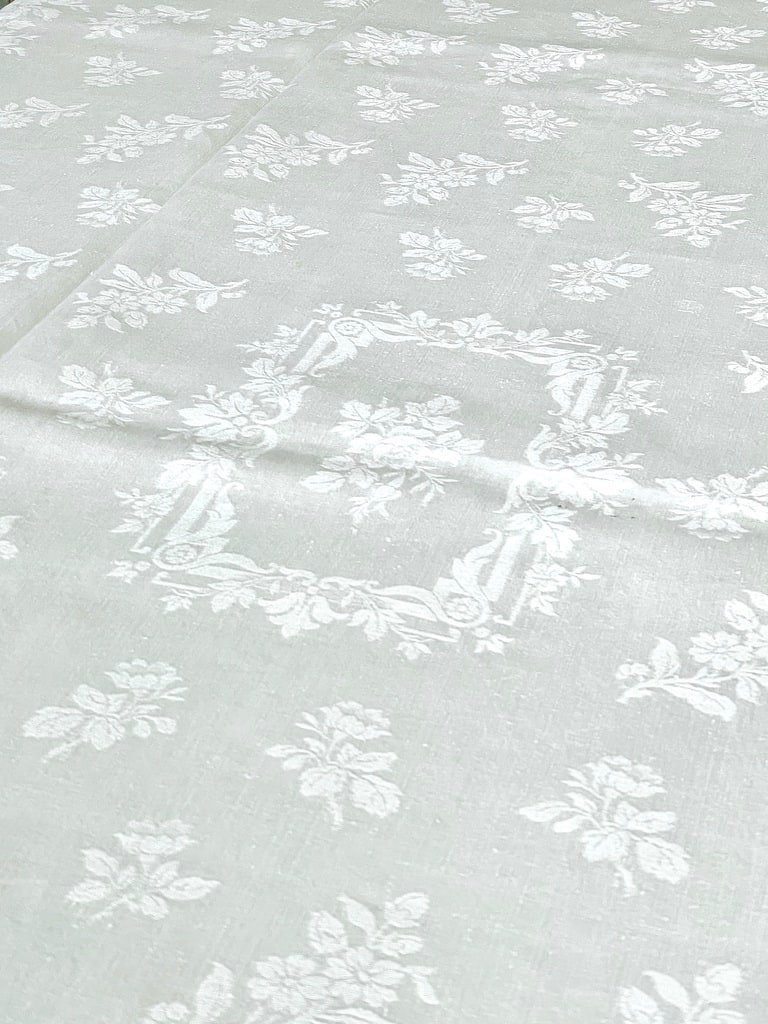 Grande Nappe Ancienne - Damas De Lin à Décor Floral - Sans Monogramme - Fin XIXème-photo-3