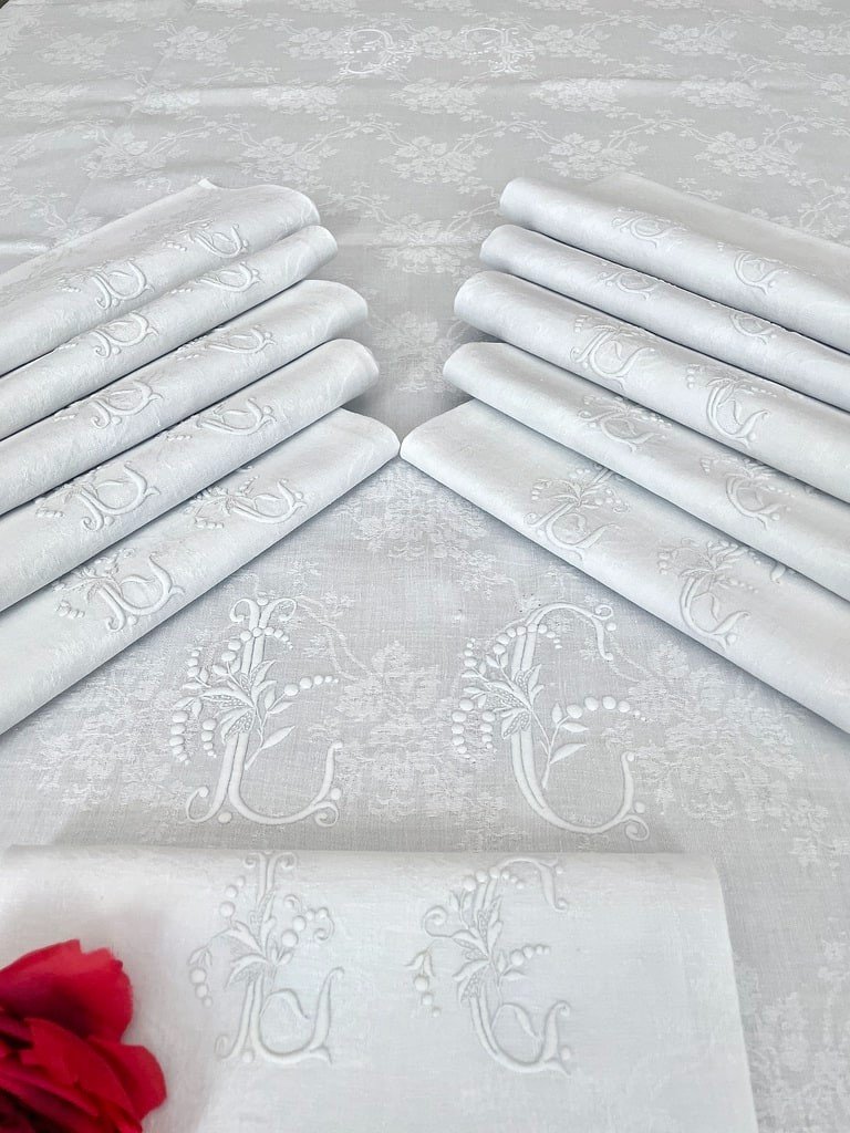 Nappe Avec Ses 11 Serviettes En Damas De Lin  - Ensemble Chiffré LC - Fin XIXème -photo-2