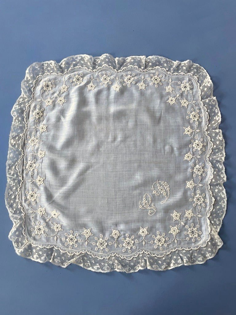 Mouchoir De Mariage Chiffré Gd - Dentelle De Valenciennes Aux Fuseaux Et Linon - Fin XIXème-photo-3