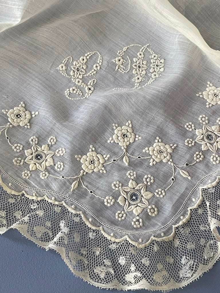 Mouchoir De Mariage Chiffré Gd - Dentelle De Valenciennes Aux Fuseaux Et Linon - Fin XIXème-photo-1