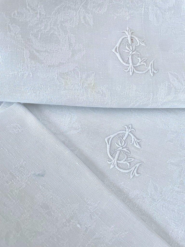 1 Tablecloth And 12 Damask Linen Napkins - Hand Embroidered Table Linen Lc - Late 19th Century -photo-6