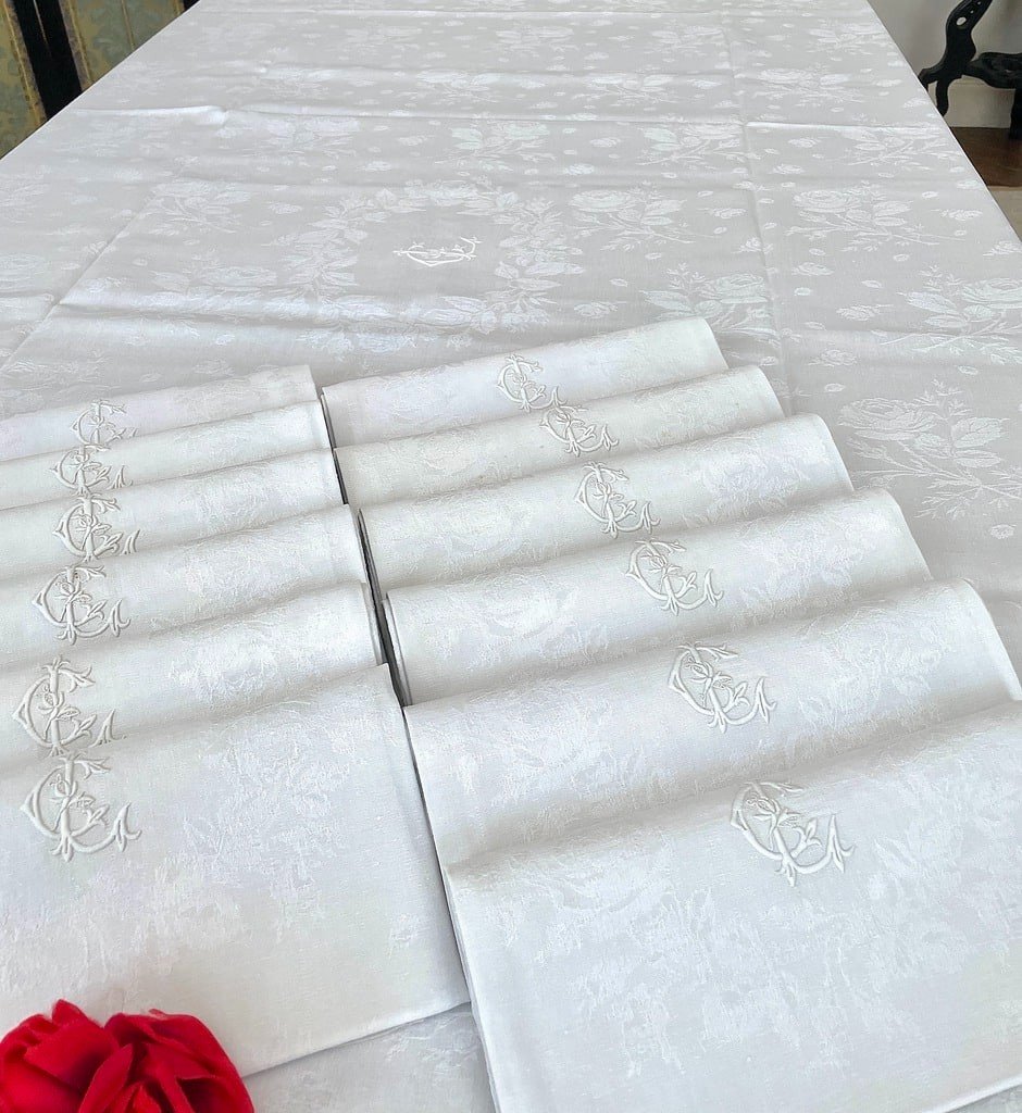 1 Tablecloth And 12 Damask Linen Napkins - Hand Embroidered Table Linen Lc - Late 19th Century -photo-7