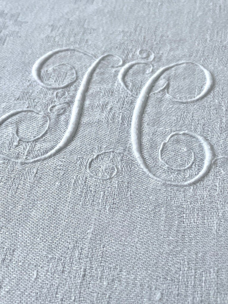 Tablecloth And 12 Matching Napkins In Damask Linen - Monogram Jc - Late 19th | Early 1900-photo-2