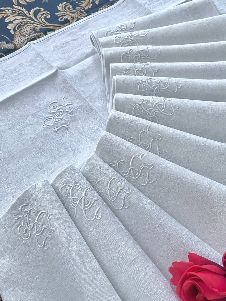 Série de Douze Serviettes de Table - Damas de Lin Granité - Monogramme Jc -  Fin XIXème