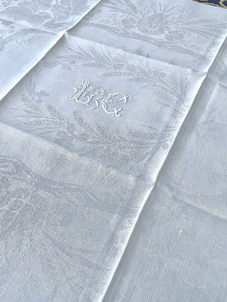 Five Damask Linen Napkins - Jc Monogram - Antique Table Linen-photo-2