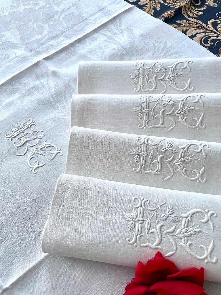 Five Damask Linen Napkins - Jc Monogram - Antique Table Linen-photo-4