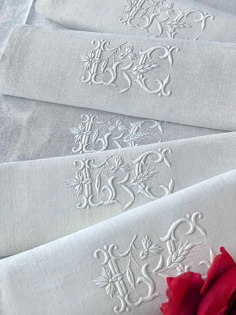 Five Damask Linen Napkins - Jc Monogram - Antique Table Linen