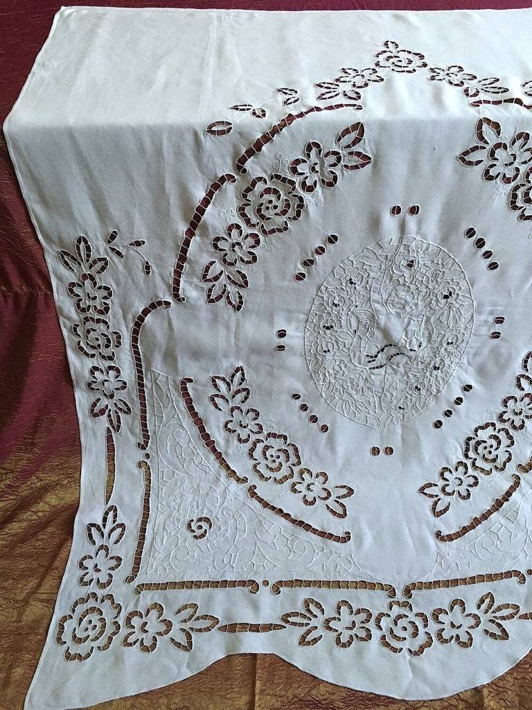 Rideaux en Lin - Décor Floral et Putto en Broderie Anglaise et Broderie Blanche - Vers 1900-photo-2