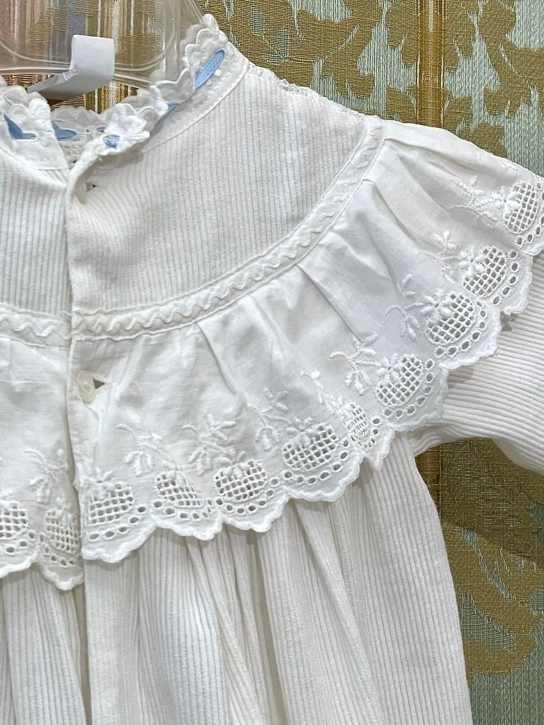 Longue Robe de Baptême - Piqué de Coton Blanc - Ruban de Soie - Linge Ancien-photo-3