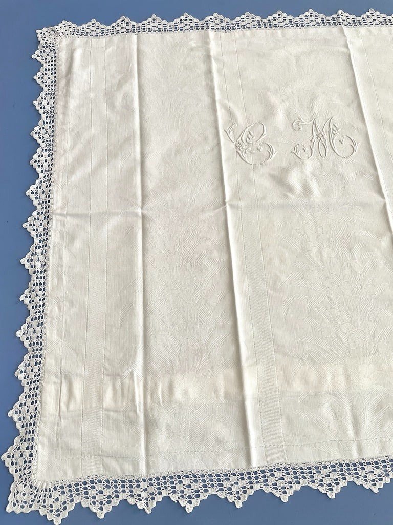 Paire de Taies d'Oreiller - Monogramme CM - Coton Damassé  - Dentelle au Crochet - Fin XIXème-photo-4