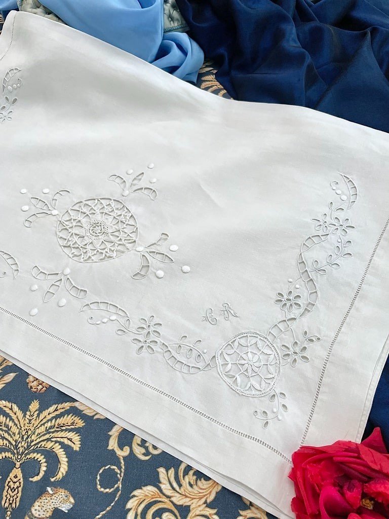 Pochette Pour Linge Fin - Pur Fil - Initiales CR  - Broderie Anglaise - Vers 1900