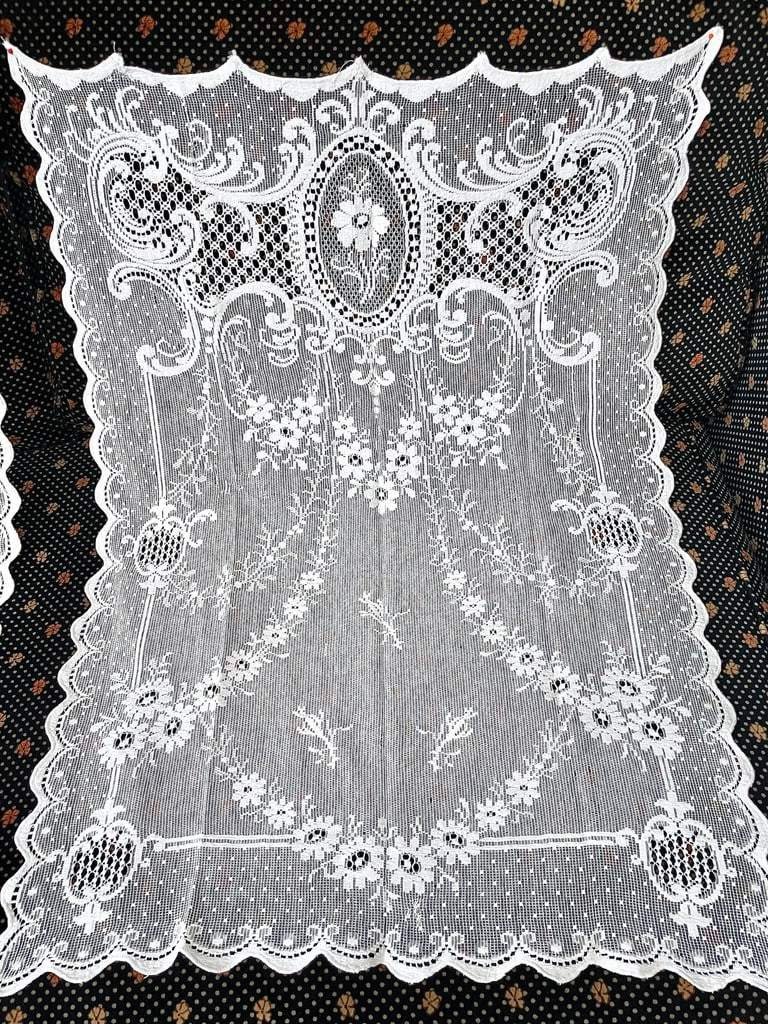 Pair Of Privacy Curtains - Flowers Garlands Medallions - Mechanical Manufacture - Circa 1900-photo-4