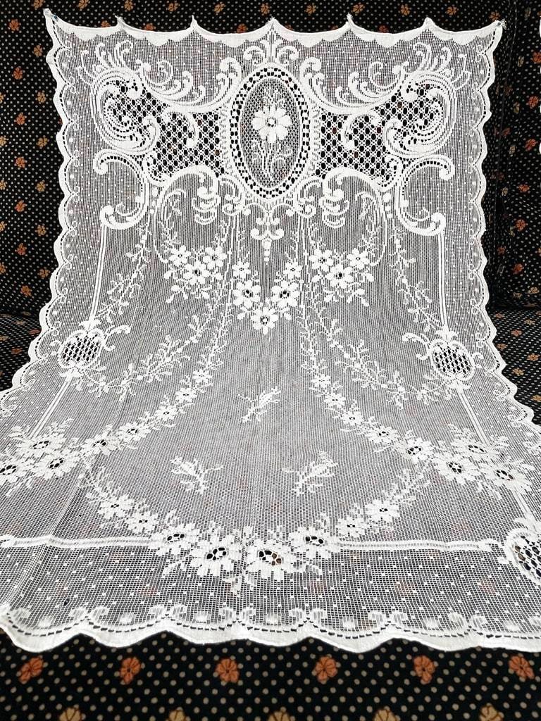 Pair Of Privacy Curtains - Flowers Garlands Medallions - Mechanical Manufacture - Circa 1900-photo-3