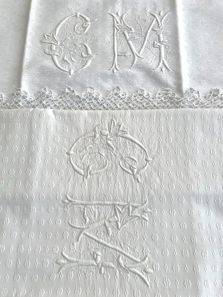 Cm Embroidered Pillowcases With Fleur De Lys - White Cotton - Crochet Lace - Late 19th Century-photo-2