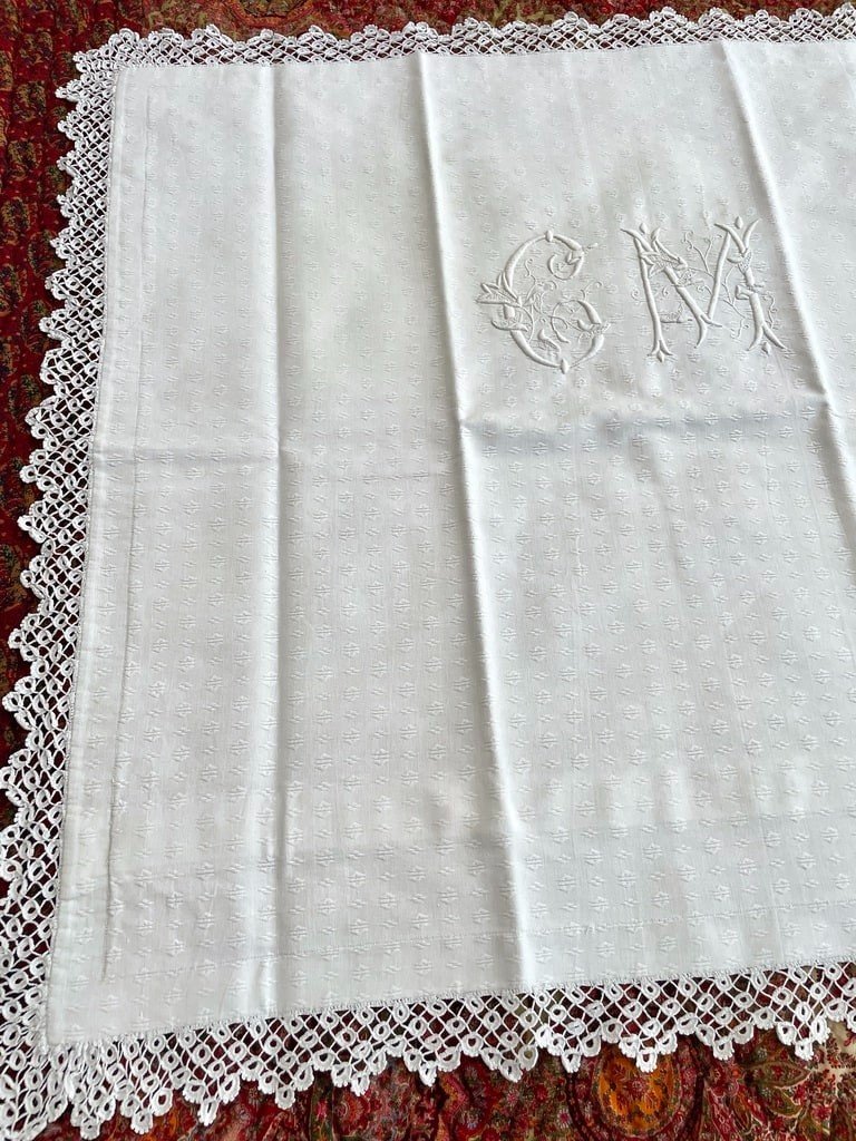 Cm Embroidered Pillowcases With Fleur De Lys - White Cotton - Crochet Lace - Late 19th Century-photo-3