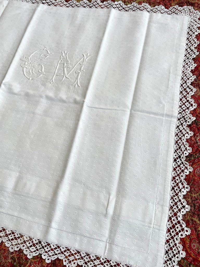 Cm Embroidered Pillowcases With Fleur De Lys - White Cotton - Crochet Lace - Late 19th Century-photo-2