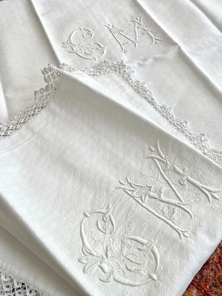 Cm Embroidered Pillowcases With Fleur De Lys - White Cotton - Crochet Lace - Late 19th Century-photo-5