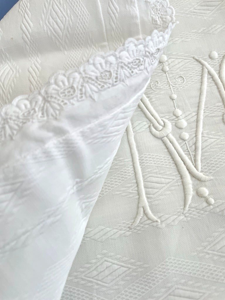 Pair Of Cm Marked Pillowcases - White Waffle Cotton - Late 19th Century -photo-4