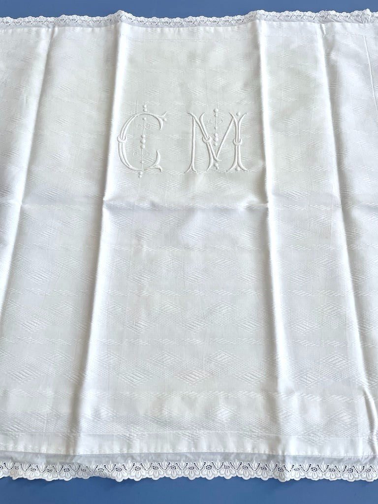 Pair Of Cm Marked Pillowcases - White Waffle Cotton - Late 19th Century -photo-1