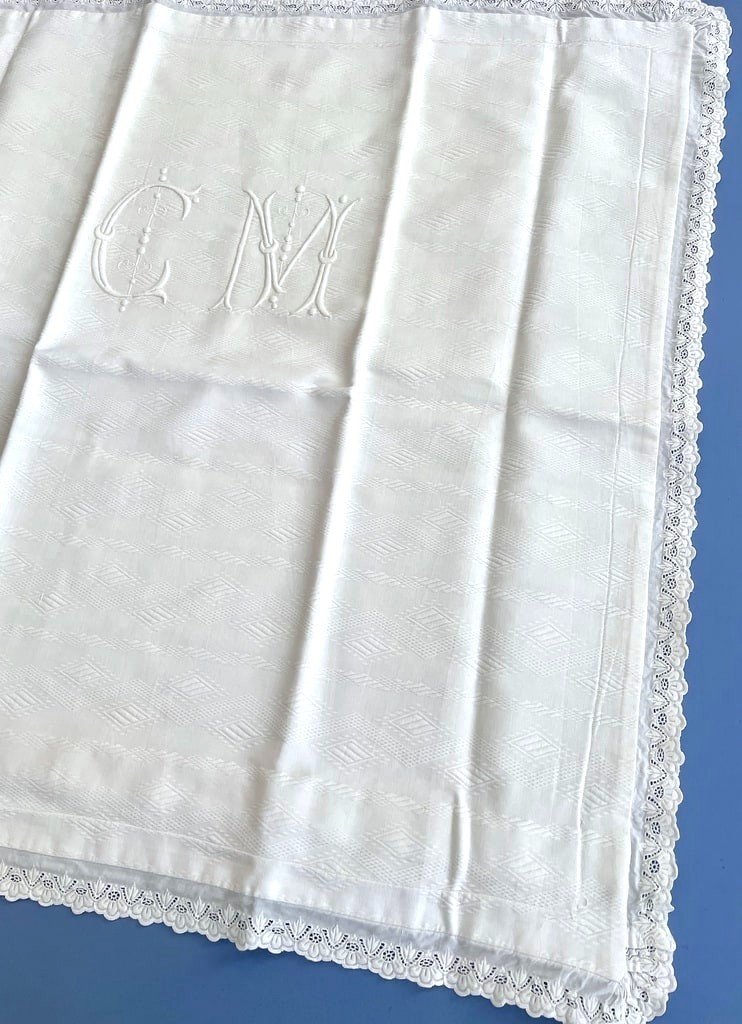 Pair Of Cm Marked Pillowcases - White Waffle Cotton - Late 19th Century -photo-2