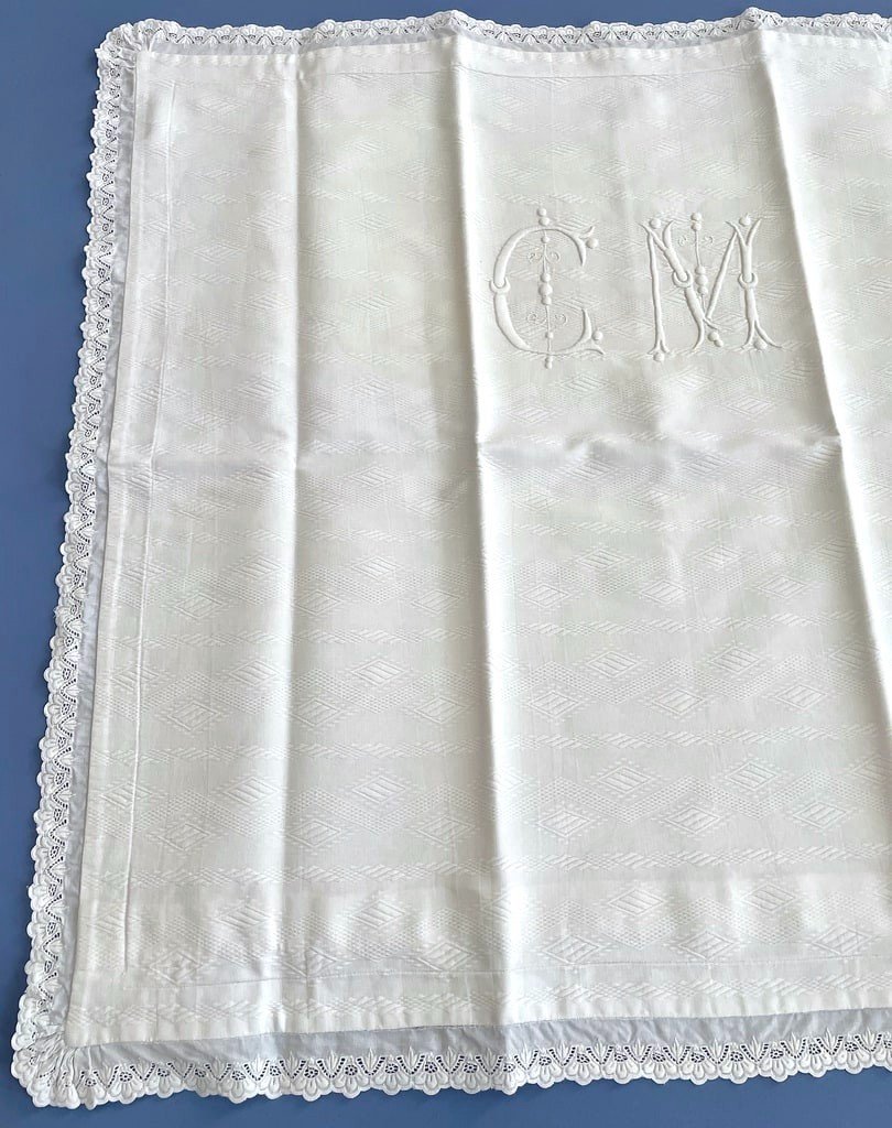 Pair Of Cm Marked Pillowcases - White Waffle Cotton - Late 19th Century -photo-3