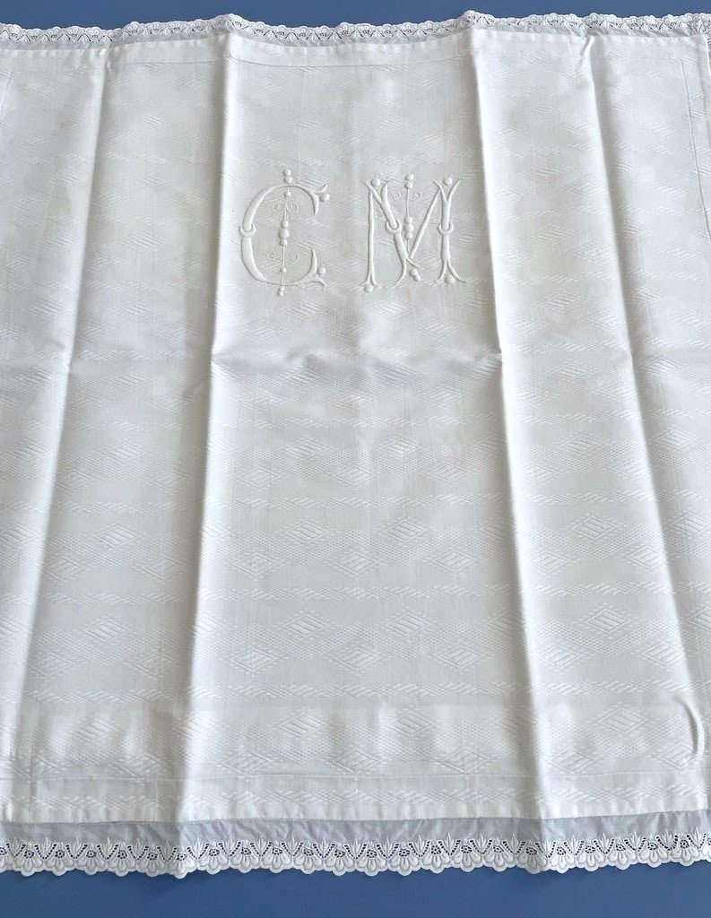 Pair Of Cm Marked Pillowcases - White Waffle Cotton - Late 19th Century -photo-4