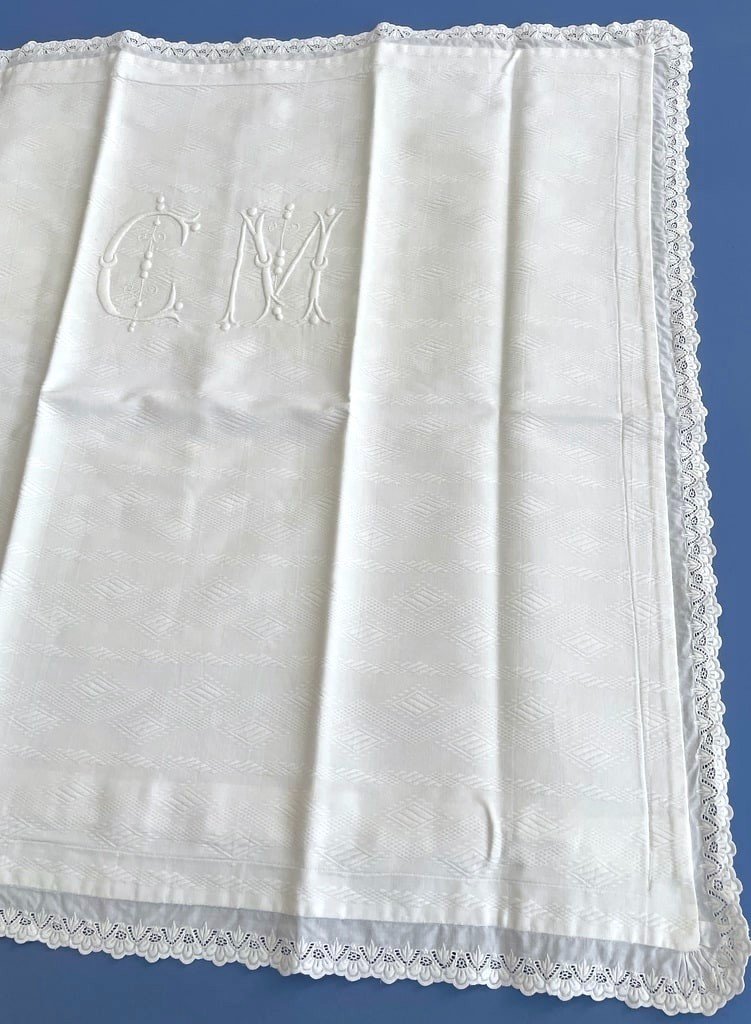 Pair Of Cm Marked Pillowcases - White Waffle Cotton - Late 19th Century -photo-6