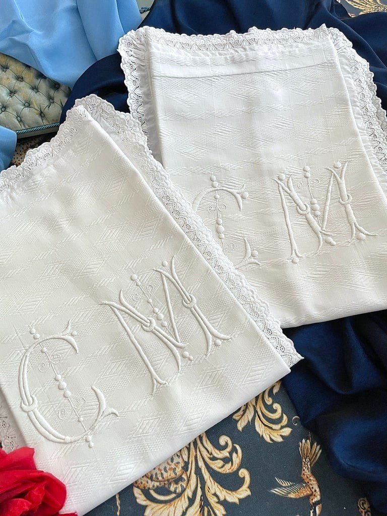 Pair Of Cm Marked Pillowcases - White Waffle Cotton - Late 19th Century -photo-8