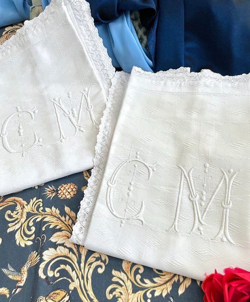 Pair Of Cm Marked Pillowcases - White Waffle Cotton - Late 19th Century 