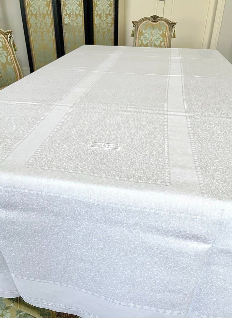 Grande Nappe de Service Brodée OB - Lin Damassé Granité - Période Art Déco - Linge Ancien