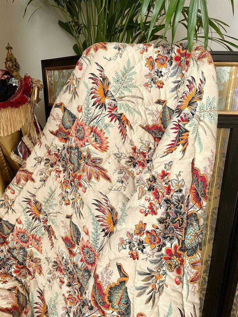 Padded Marseille Quilt - Floral Patterned Indian Quilt - Foot Quilt - 19th Century