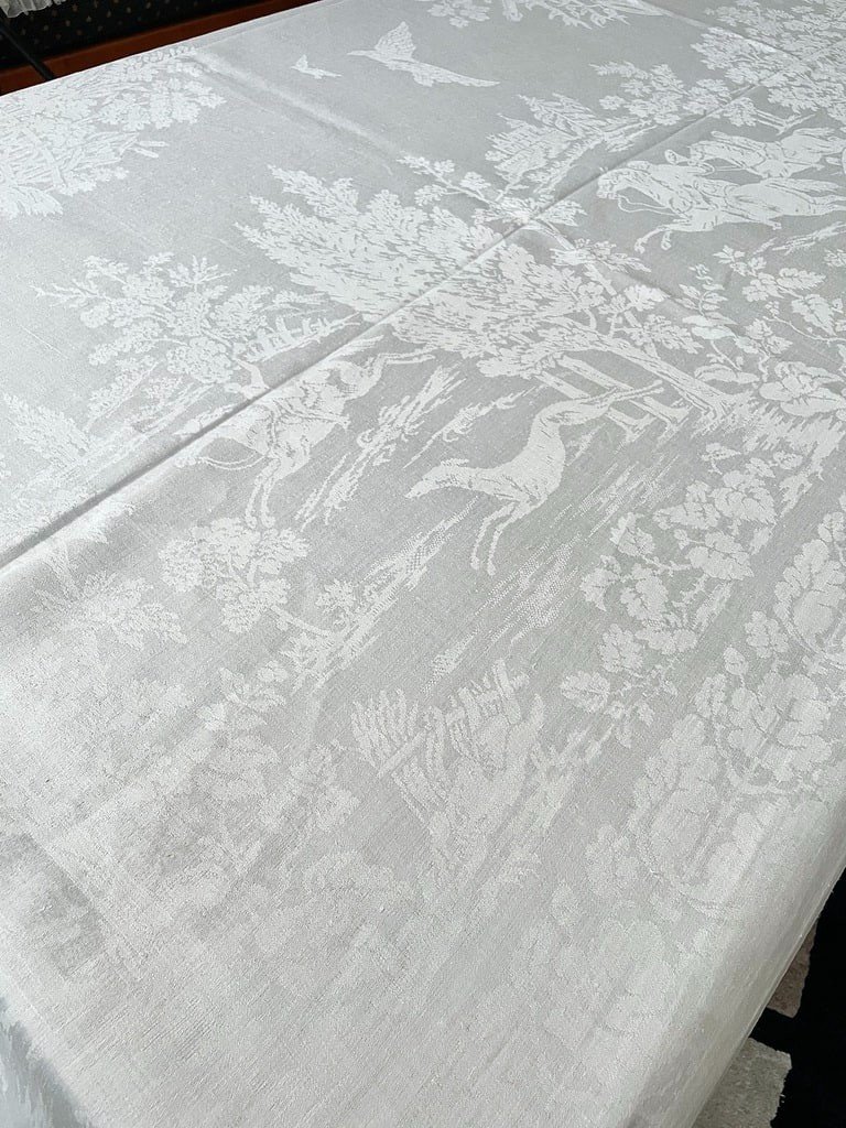 Hunting On Historical Damask Linen Table Service - Tablecloth And 24 Napkins - 19th Century-photo-4